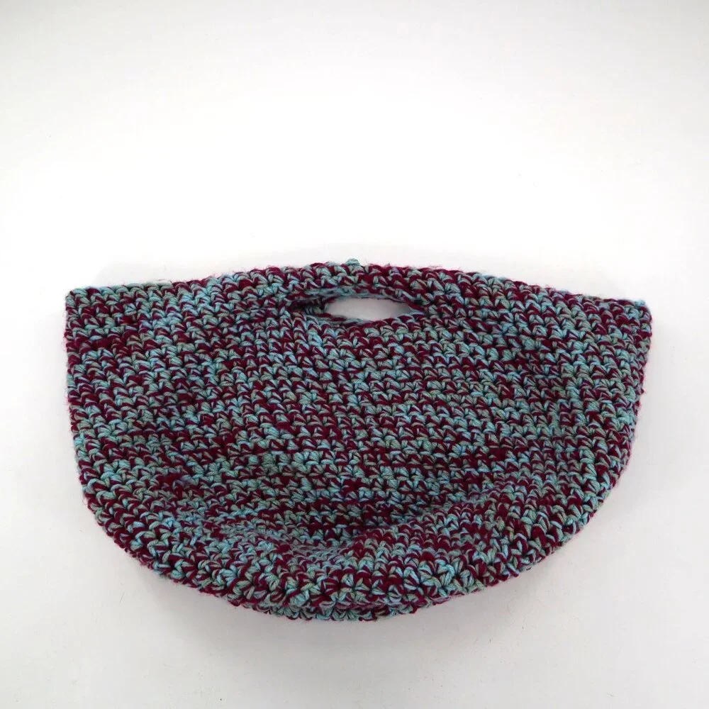 Handmade Knit Basket Bag With Handles‎ Burgundy Teal Yarn Boho Granny Cottage